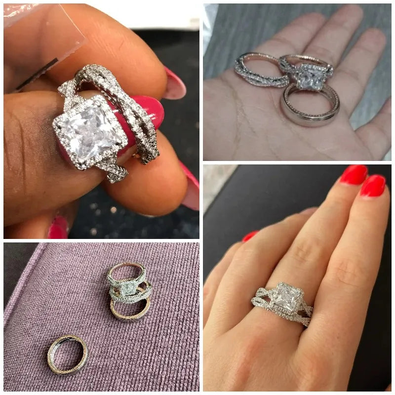 Eternia - 
Huitan Luxury Princess Cut Cubic Zircon Bridal Marriage Set Rings Elegant Accessories Brilliant Women Men Wedding Trendy Jewelry