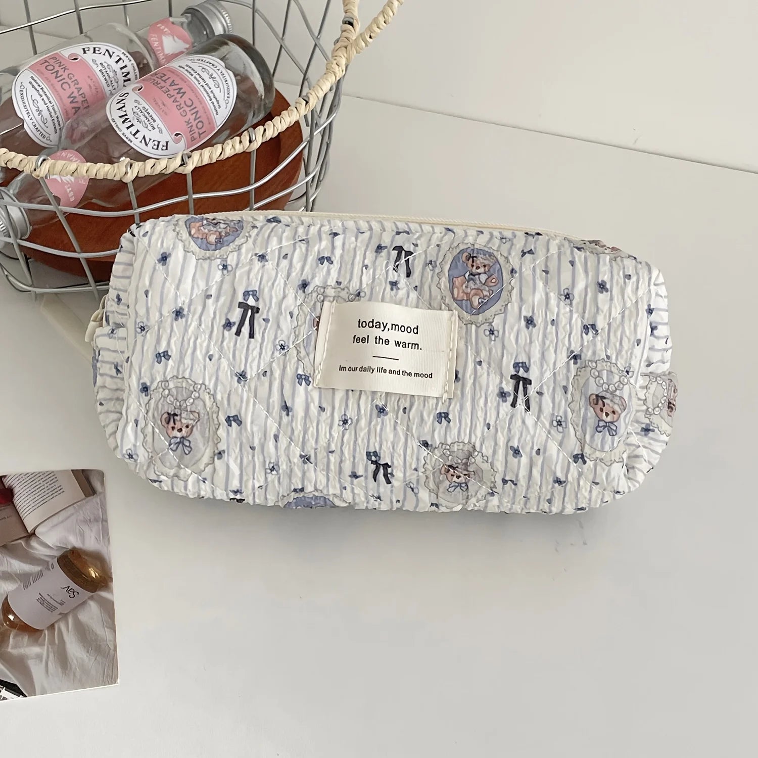 Storage - Organizer Floral Puffy Quilted Makeup Bag Flower Printed Cosmetic Pouch Large Travel Cosmetic Bag Make up Aesthetic