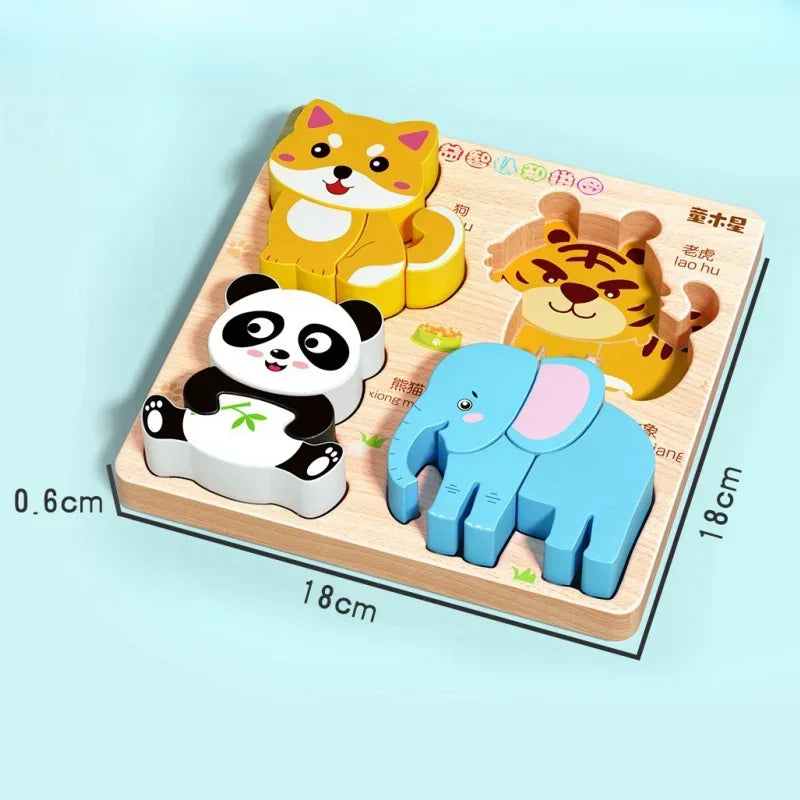 Montessori Cartoon 3D Wooden Puzzle Animal Traffic Jigsaw Toys for Kids Early Learning Educational Cognitive Game Children Gifts