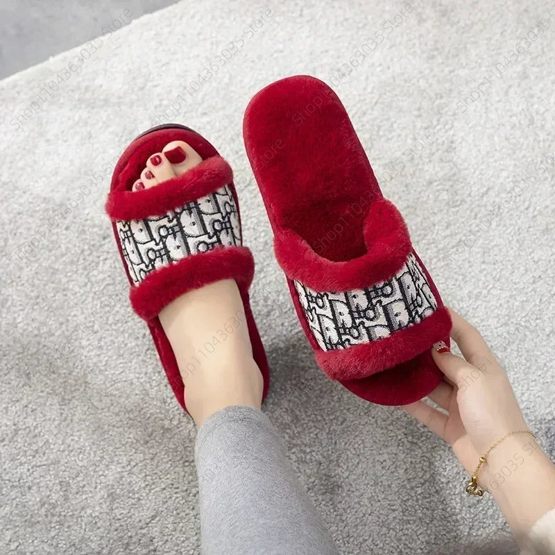 Family Warm - Flat Bottom Slippers For Women's Home Anti Slip Rabbit Hair Fashion Opening Cotton Slippers