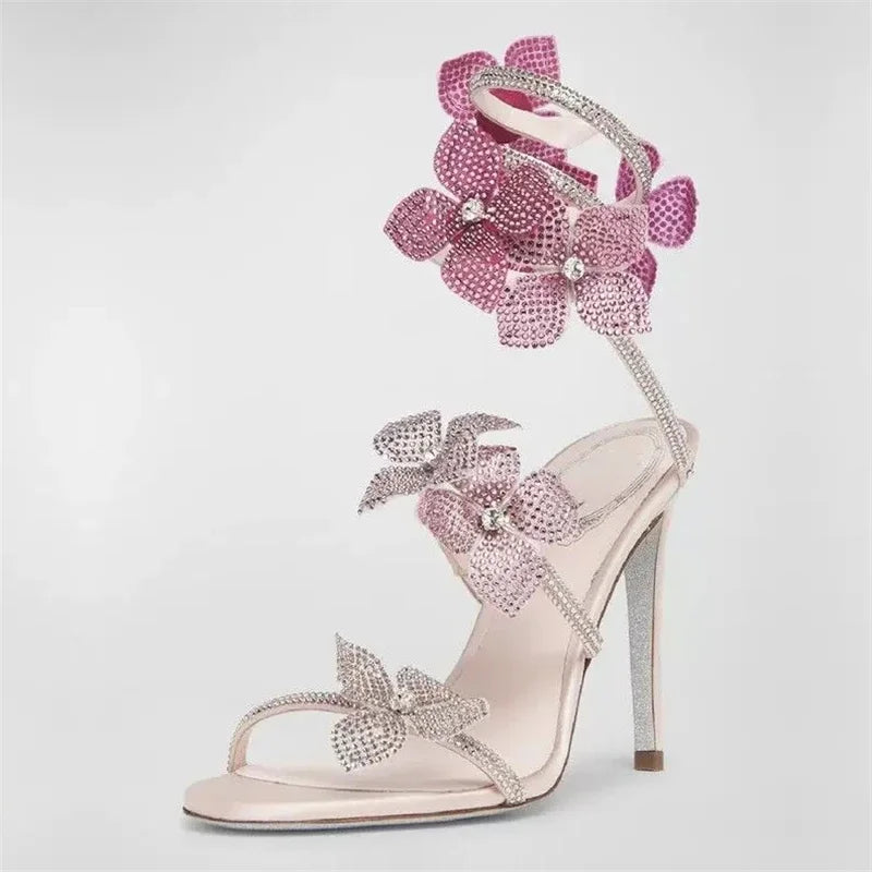 Eilyken  - Sexy CRYSTAL Flower Thin High Heels Women Sandals Street Style Narrow Band Ankle Strap Pole Dancing Ladies Shoes