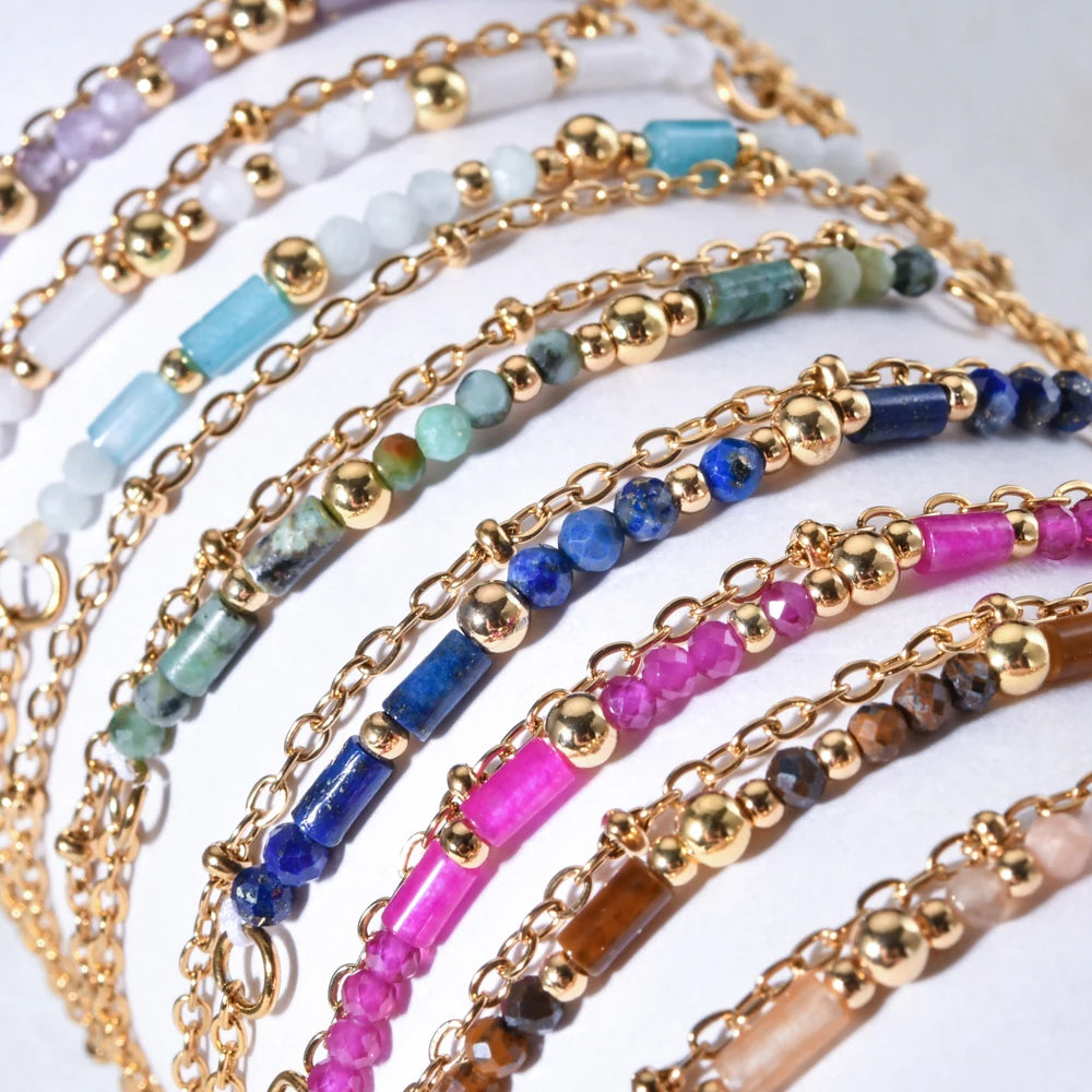 Lunara - Thin Boho 18K Gold PVD Plated Stainless Steel Chain Bracelets for Women Charm Lapis Lazuli Turquoise Natural Stone Jewelry Gift