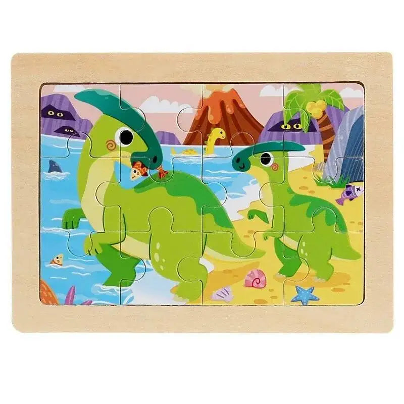 12piece Baby Wooden 3D Puzzle Cartoon Animal Dinosaur Intelligence Jigsaw Wooden Puzzle Game Educational Toys for Children