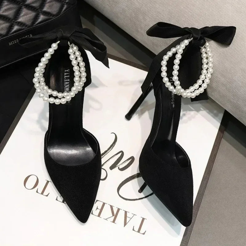 Brand  - Spring Women's Pumps Pointed Toe Solid Flock Beads Bow Tie Buckle Shallow Mouth Novelty High Heels