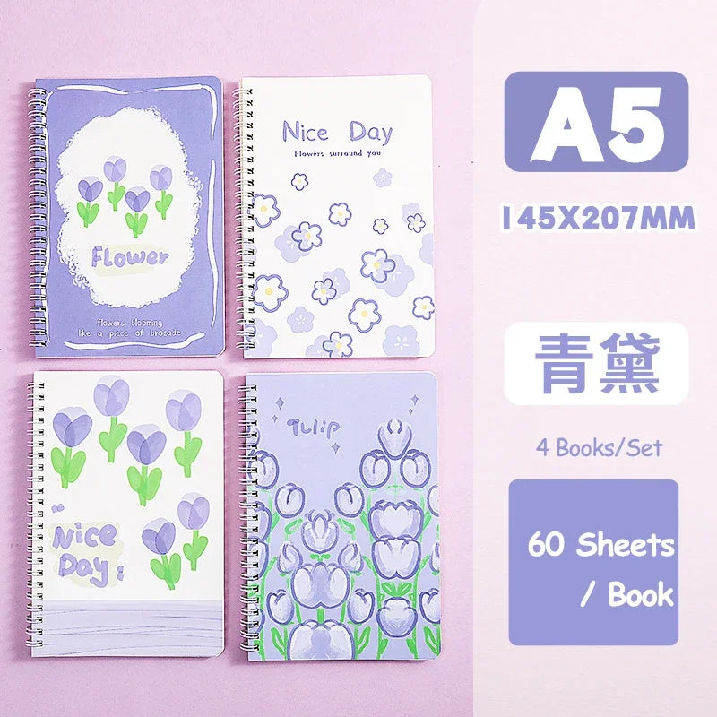 4 Books/Set A5 Coil Lined Notebook High Quality Kawaii Korean Stationery Cute School Supplies for Students