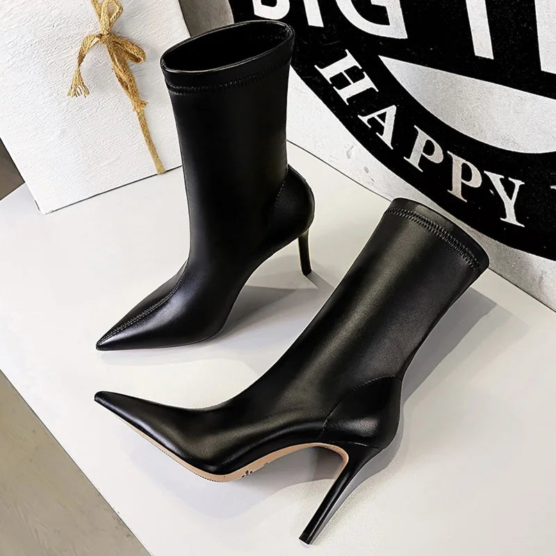 loothy - Women 7.5cm 10cm High Heels Leather Boots Lady Low Heels Short Ankle Boots Stripper Winter Warm Snow Plush Pointed Toe Shoes