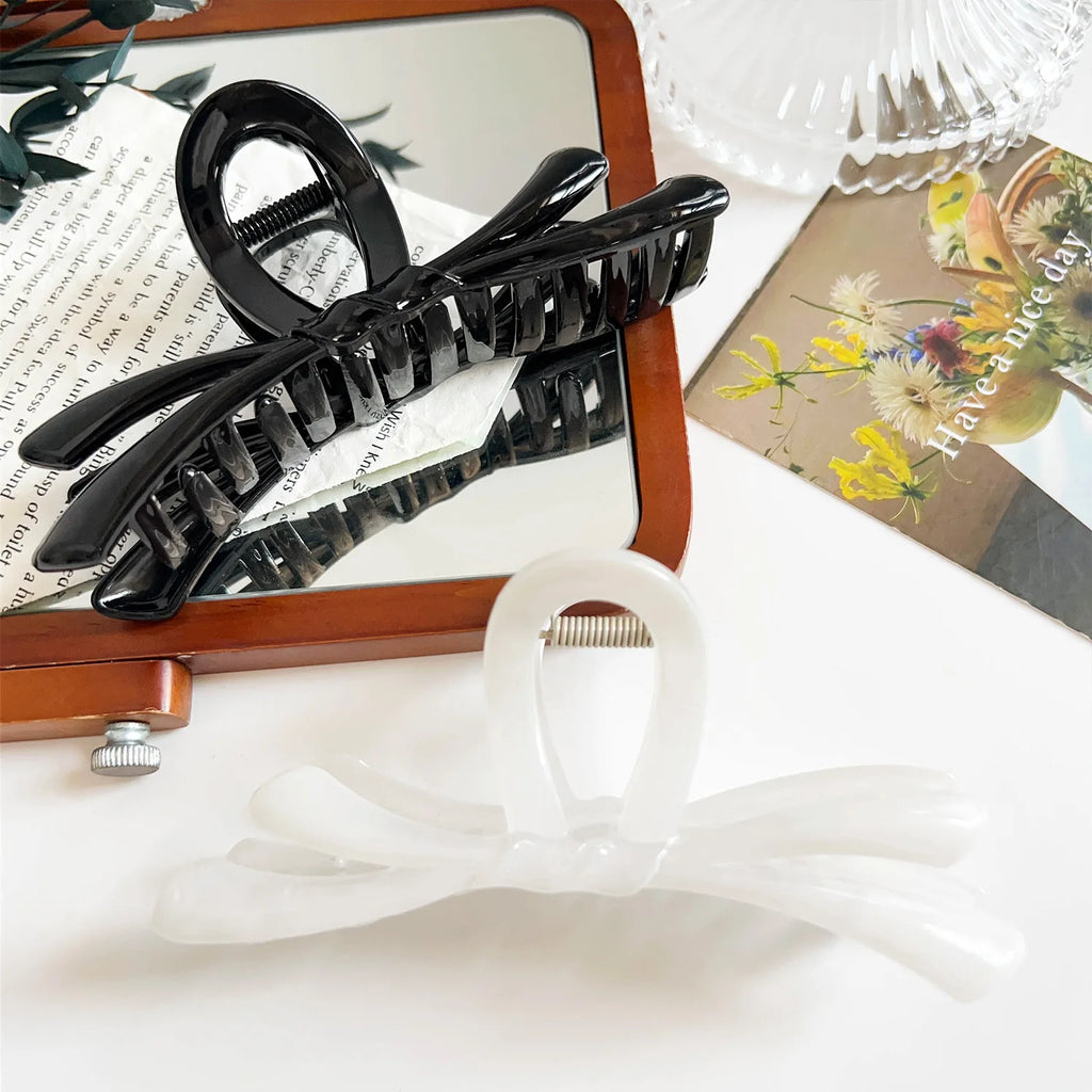 Bowrella - Korean Large Ribbon Hair Claw Crab Barrettes For Women Girls Sweet Acrylic Shark Bow Hair Clip Hairpin Ponytail Hair Accessories
