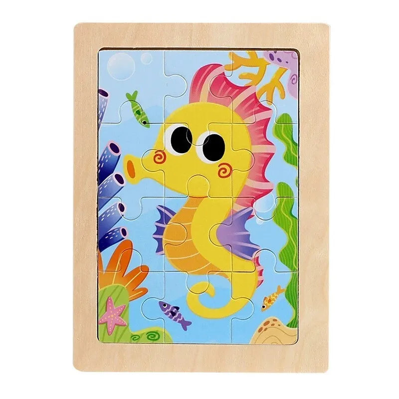 12piece Baby Wooden 3D Puzzle Cartoon Animal Dinosaur Intelligence Jigsaw Wooden Puzzle Game Educational Toys for Children