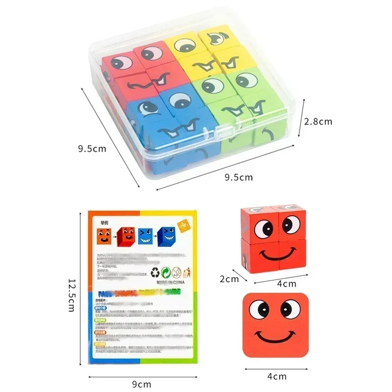 Kids Face Change Expression Puzzle Building Blocks Montessori Cube Table Game Toy Wooden Educational Toys for Children Gifts