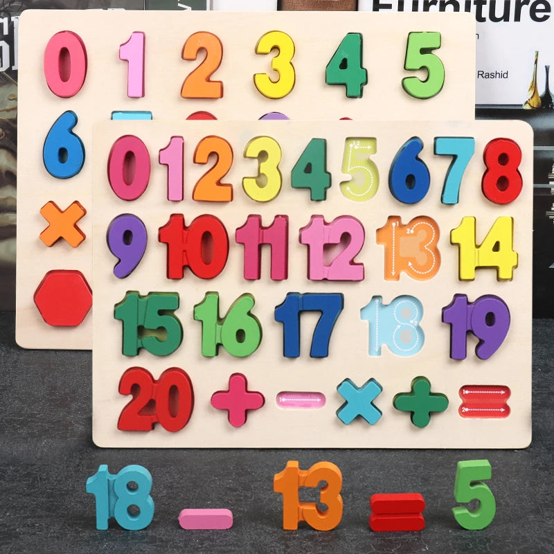 Toddlers Wooden Puzzle Montessori Baby Toys ABC Alphabet Number Shape Matching Board Game Preschool Educational Toy for Kids 2-4
