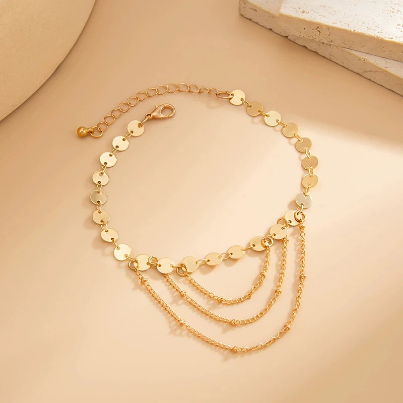 SEQUINA - 
Retro Metal Sequin Layered Anklets for Women Multi-Layer Tassel Simple Bead Round Ankle Chain Beach Travel Jewelry Accessories