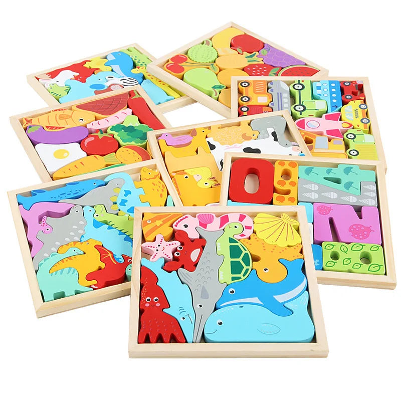 Children Montessori Wooden Toys Block Cartoon Animal Three-dimensional Jigsaw Puzzle Early Education Grab Board  3d Puzzle Toys