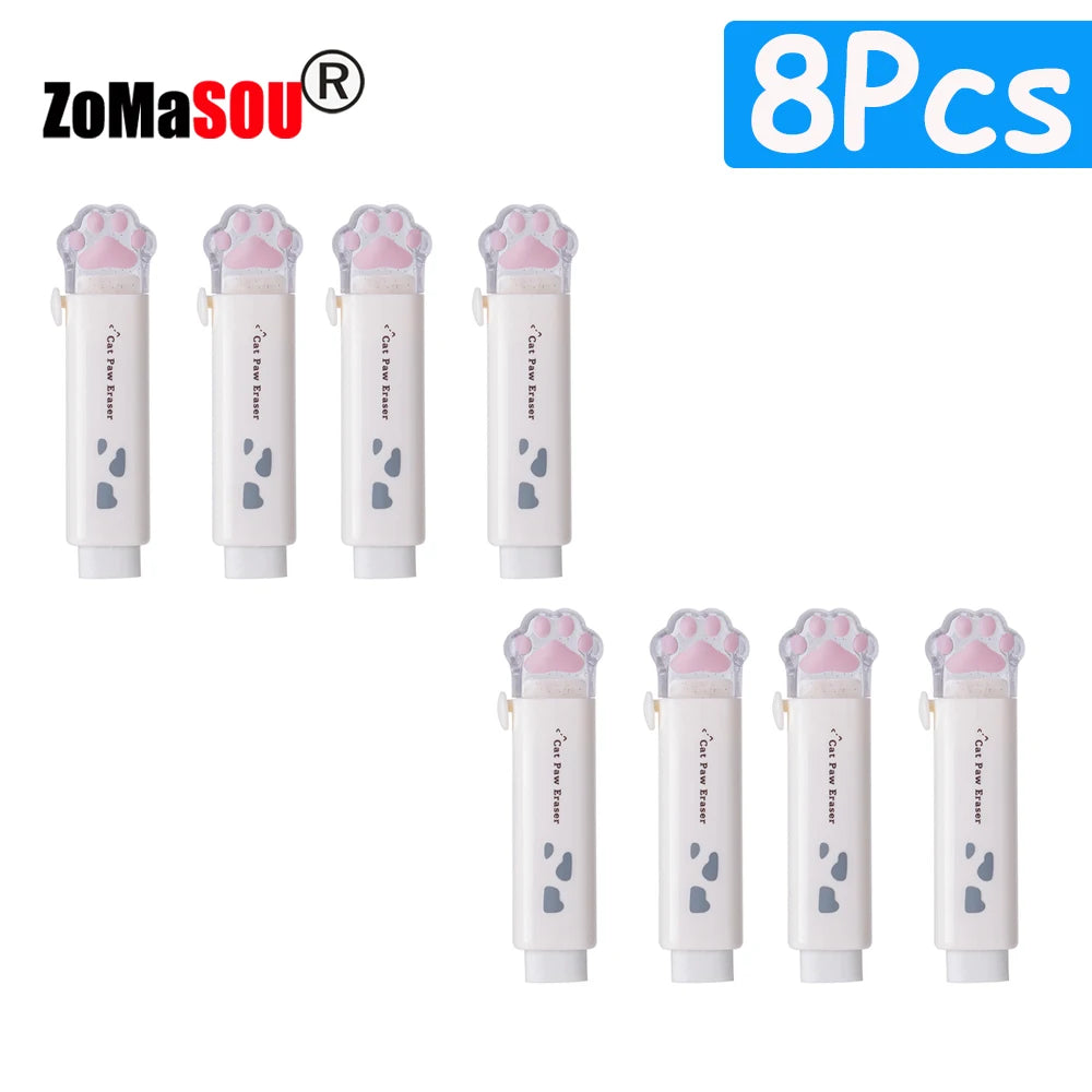 1-8Pcs New! Kawaii Cat Paw Rubber Erasers Retractable Pencil Eraser for Kids Students School Home Office Writing Drawing