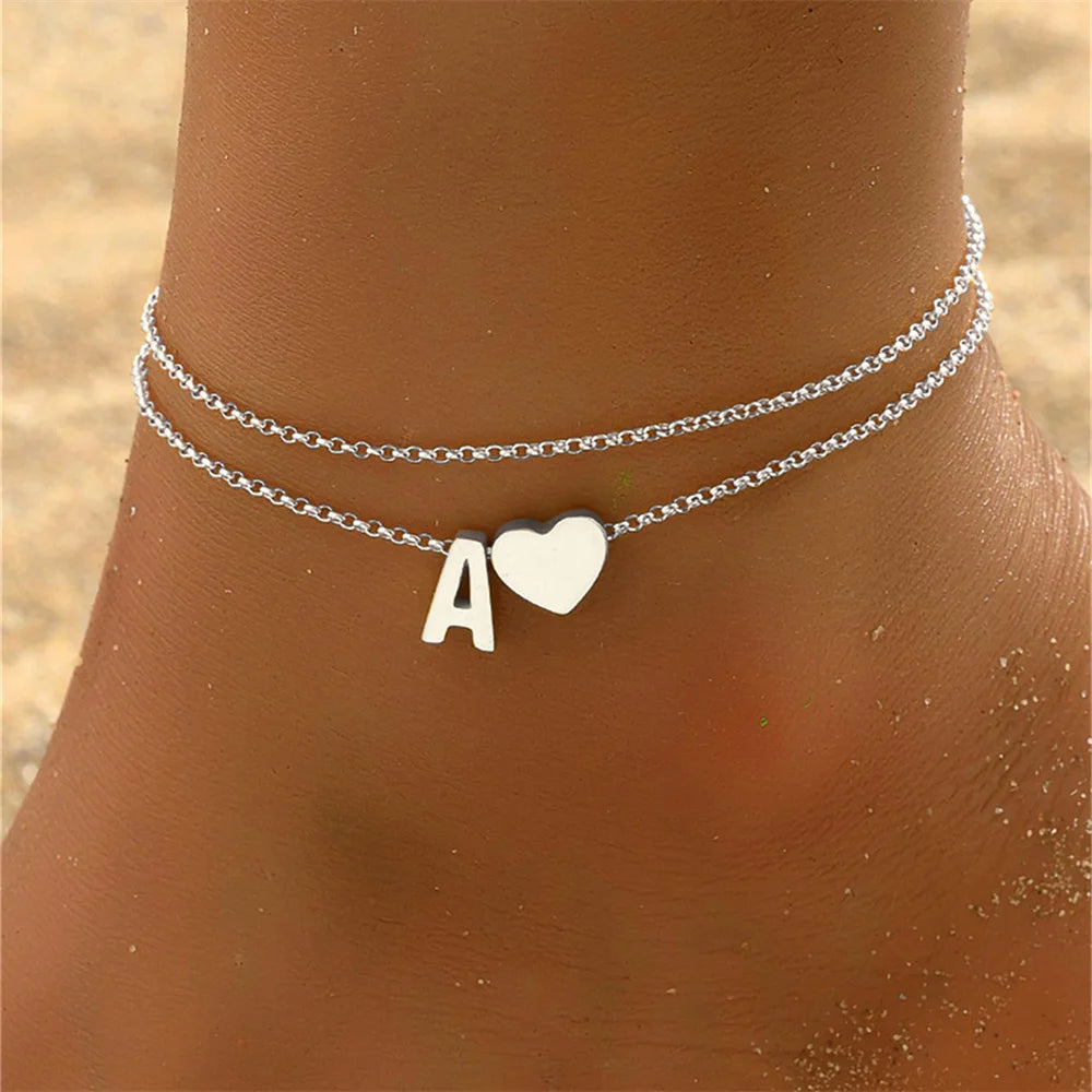 BOHOLYX - 
Boho 26 Letters A-Z Stainless Steel Chain Anklets For Women Simple Heart Ankle Bracelet Anklet Beach Jewelry Summer Accessories