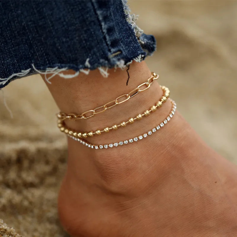 RHEA JEWEL - 
Modyle Rhinestone Chain Women's Anklets Silver Color/Gold Color Luxury Bracelet on Leg Accessories Wedding Party Fashion Jewelry