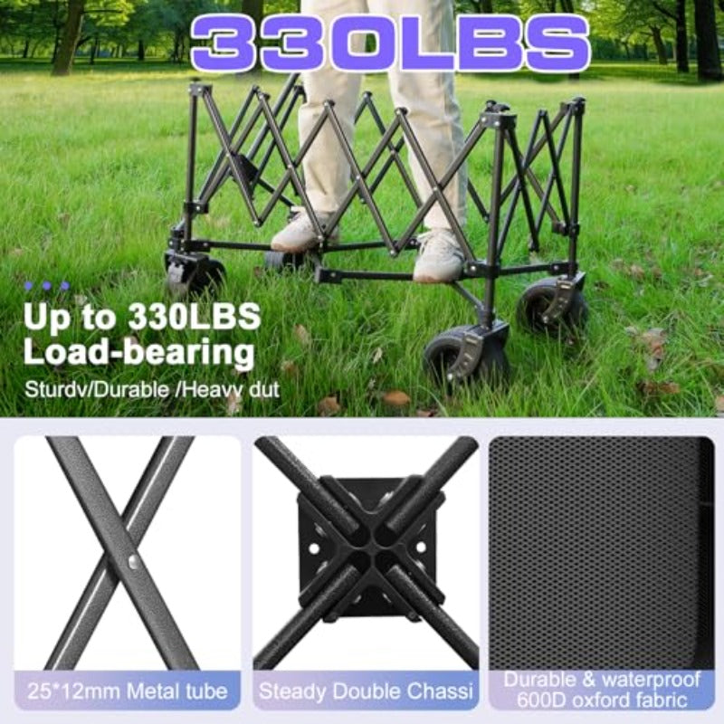 Heavy-Duty Collapsible Utility Wagon Cart - Foldable -Terrain Trolley Suitable for Garden, Beach & Picnic with Adjustable Handle, Brakes, Capacity for Groceries, Lawn Equipment, Outdoor Transport - Portable Cart for Desert, M