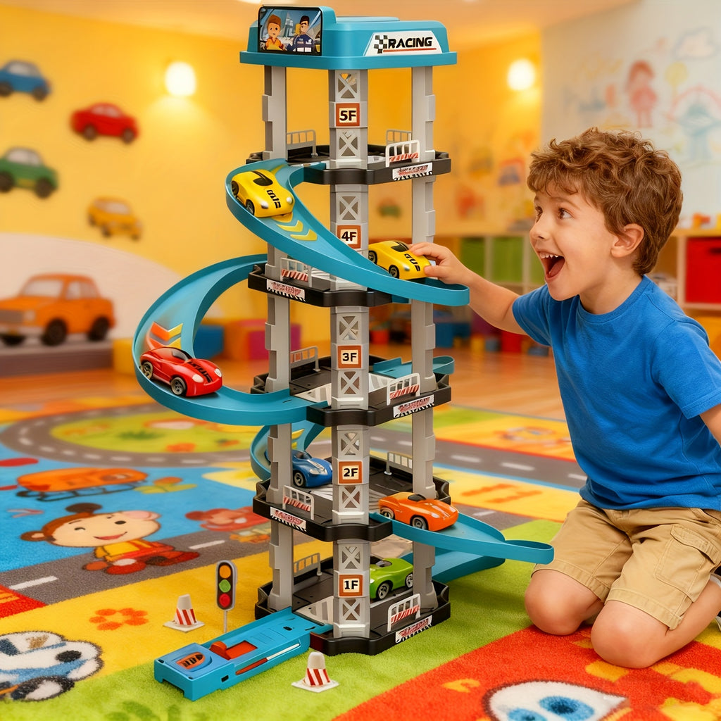 Five-Level 3D Parking Garage Track Set with 2 Race Cars, Launcher, Curved Drift Track, and Helicopter Landing Pad, DIY Assembly Educational Toy for Parent-Child Interaction and Hand-Eye Coordination, Ideal Birthday and Christ
