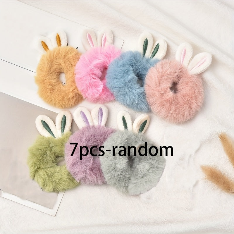 7pcs Plush Rabbit Ear Hair Ties, Animal Pattern Elastic Rubber Bands for Teens, Fashionable Hair Accessories for Hairstyling